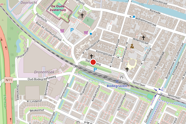 Brandweer-melding op Stationsweg, Bodegraven op 27 juni, kaart-overzicht